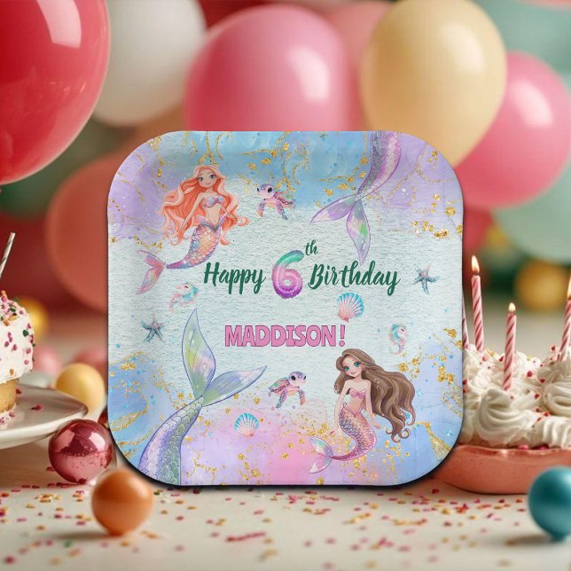 Pink Purple Glitter Mermaids 6th Birthday Party Paper Plates (Creator Uploaded)