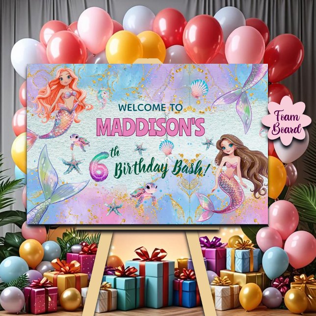 Pink Purple Glitter Mermaids 6th Birthday Welcome  Foam Board (Creator Uploaded)