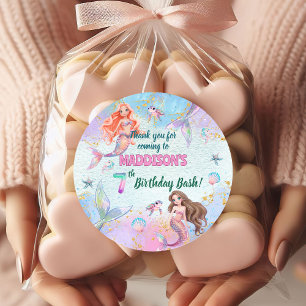 Pink Purple Glitter Mermaids 7th Birthday Party Classic Round Sticker