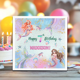 Pink Purple Glitter Mermaids 7th Birthday Party Napkins