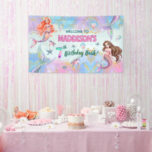 Pink Purple Glitter Mermaids 7th Birthday Welcome  Banner
