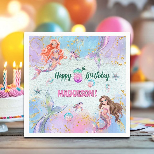 Pink Purple Glitter Mermaids 8th Birthday Party Napkins (Creator Uploaded)
