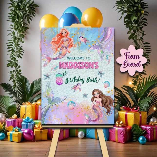 Pink Purple Glitter Mermaids 8th Birthday Welcome Foam Board (Creator Uploaded)