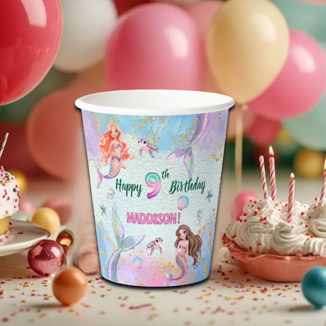 Pink Purple Glitter Mermaids 9th Birthday Party Paper Cups (Creator Uploaded)
