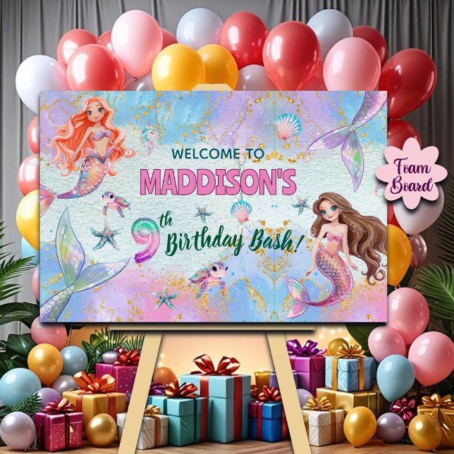 Pink Purple Glitter Mermaids 9th Birthday Welcome  Foam Board (Creator Uploaded)