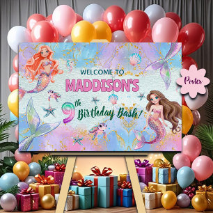 Pink Purple Glitter Mermaids 9th Birthday Welcome  Poster