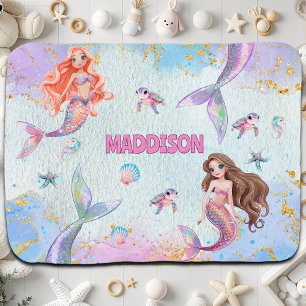 Pink Purple Glitter Mermaids Add Name Baby Blanket