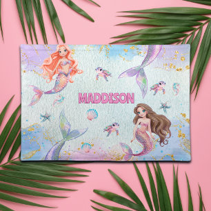 Pink Purple Glitter Mermaids Add Name Cloth Placemat