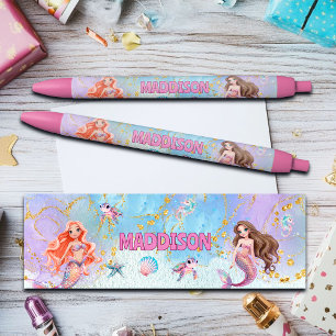 Pink Purple Glitter Mermaids Add Name Pen