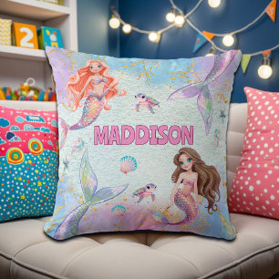 Pink Purple Glitter Mermaids Add Name Throw Pillow