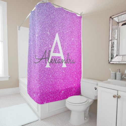 Pink Purple Glitter Monogram Name Bathroom Shower Curtain