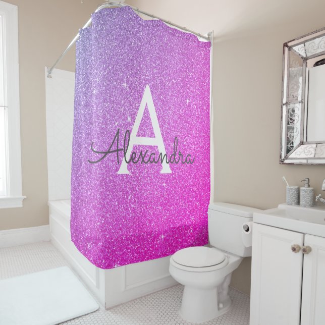 Pink Purple Glitter Monogram Name Bathroom Shower Curtain (In Situ)