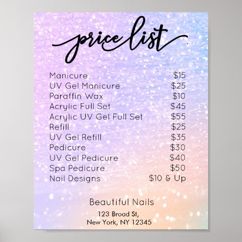 Pink  Purple Glitter Nail Salon Price List Poster