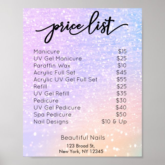 Pink  Purple Glitter Nail Salon Price List Poster Zazzle