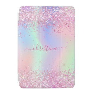 Pink purple glitter name holographic script iPad mini cover