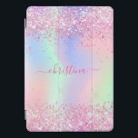 Pink purple glitter name holographic script iPad pro cover<br><div class="desc">A trendy iridescent, holographic background with pastel colors in pink, purple, rose gold, mint green. Decorated with faux glitter dust. Purple colored letters. Personalize and add your name. The name is written with a modern hand lettered style script with swashes. To keep the swashes only delete the sample name, leave...</div>