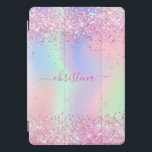 Pink purple glitter name holographic script iPad pro cover<br><div class="desc">A trendy iridescent, holographic background with pastel colors in pink, purple, rose gold, mint green. Decorated with faux glitter dust. Purple colored letters. Personalize and add your name. The name is written with a modern hand lettered style script with swashes. To keep the swashes only delete the sample name, leave...</div>