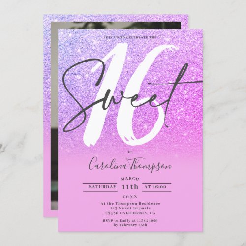 Pink purple glitter ombre font photo Sweet 16 Invitation