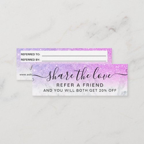 Pink purple glitter ombre marble chic referral  mini business card
