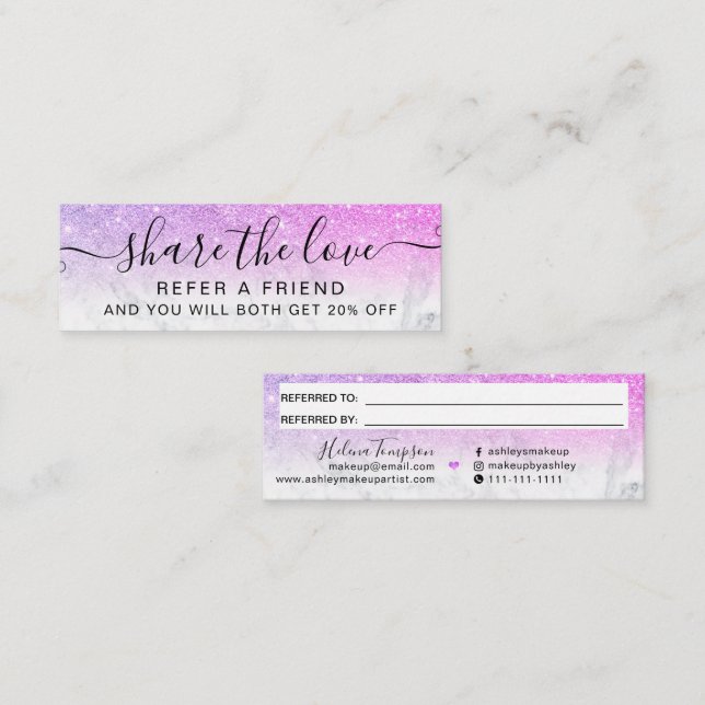 Pink purple glitter ombre marble chic referral  mini business card (Front/Back)