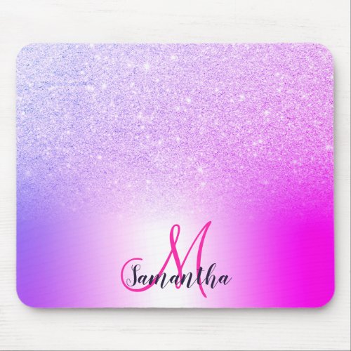 Pink purple glitter ombre metallic foil monogram mouse pad