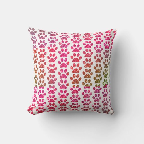 Pink Purple Glitter Ombre Sparkle Paw Prints Cute Throw Pillow