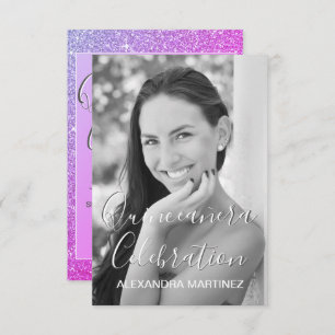 Pink Purple Glitter Photo Quinceanera Celebration Invitation