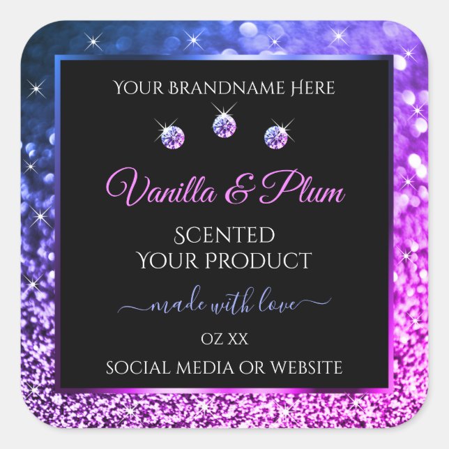 Pink Purple Glitter Product Labels Diamonds Black (Front)