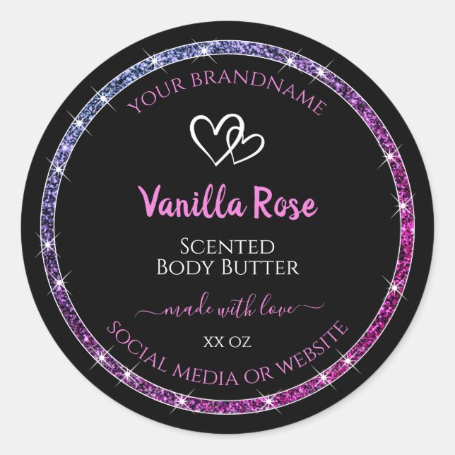Pink Purple Glitter Product Packaging Labels Black (Front)