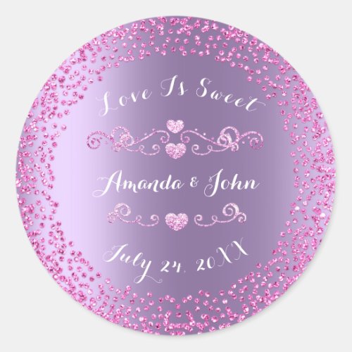 Pink Purple Glitter Save the Date Love is Sweet Classic Round Sticker