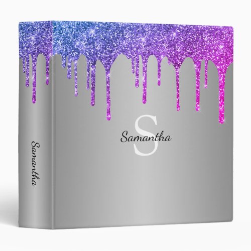 Pink Purple Glitter Sparkle Drip Monogram Name 3 Ring Binder