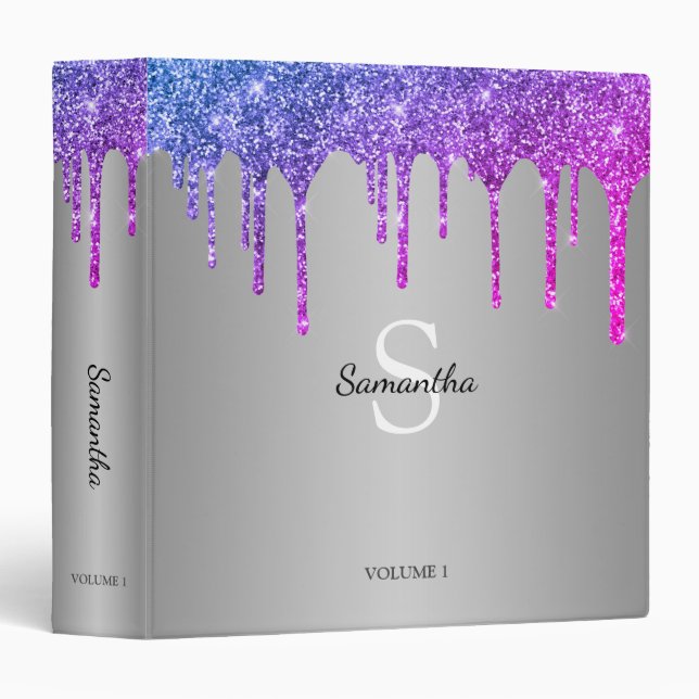 Pink Purple Glitter Sparkle Drips Monogram Name 3 Ring Binder (Front/Spine)