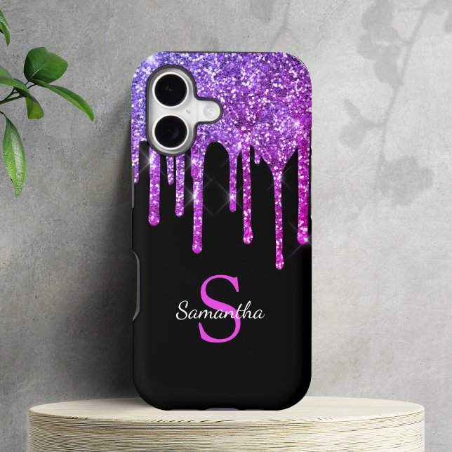 Pink Purple Glitter Sparkle Drips Monogram Name Case-Mate iPhone Case (Pink Purple Glitter Sparkle Drips Monogram Name Case-Mate iPhone Case)