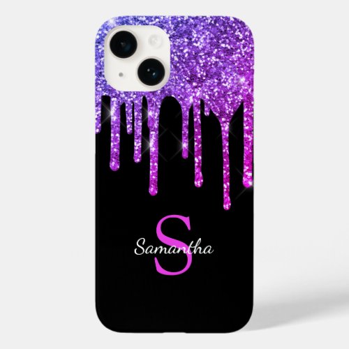 Pink Purple Glitter Sparkle Drips Monogram Name Case_Mate iPhone 14 Case