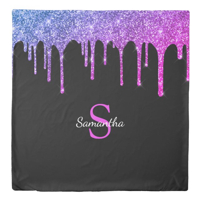 Pink Purple Glitter Sparkle Drips Monogram Name Duvet Cover (Front)