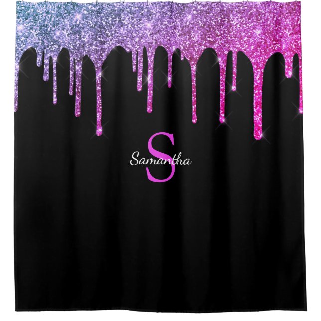 Pink Purple Glitter Sparkle Drips Monogram Name Shower Curtain (Front)