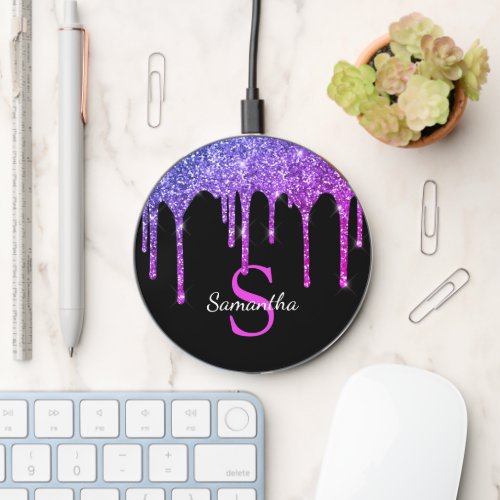 Pink Purple Glitter Sparkle Drips Monogram Name Wireless Charger