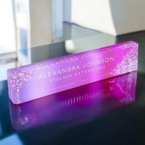 Pink Purple Glitter Sparkle Eyelash Extensions Desk Name Plate