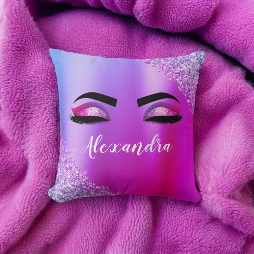 Pink Purple Glitter Sparkle Eyelashes Monogram Throw Pillow