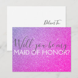 Pink Purple Glitter &amp; Sparkle Maid of Honor Invitation Postcard | Zazzle