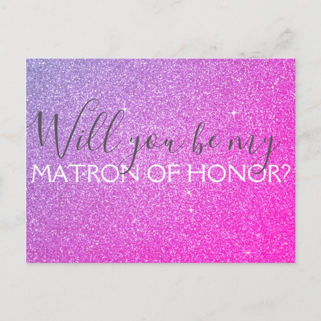 Pink Purple Glitter & Sparkle Matron of Honor Invitation Postcard (Front)