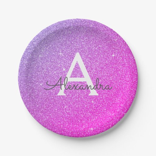 Pink Purple Glitter  Sparkle Monogram Birthday Paper Plates