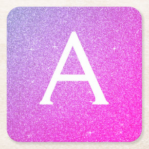 Pink Purple Glitter & Sparkle Monogram Birthday Square Paper Coaster