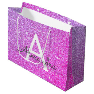 Pink - Purple Glitter & Sparkle Monogram Large Gift Bag