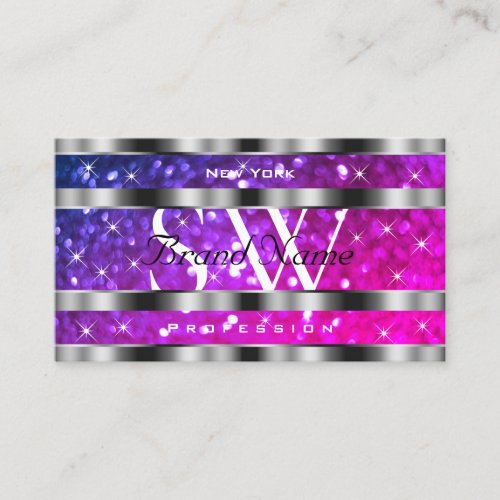 Pink Purple Glitter Stars Monogram Silver Decor Business Card