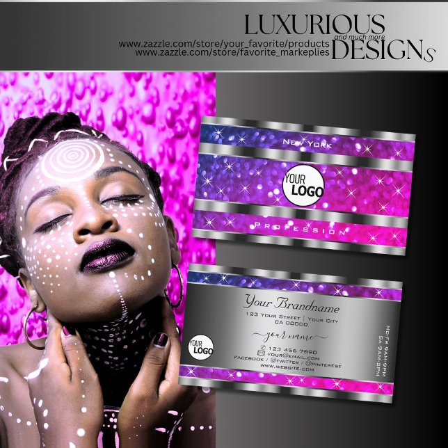 Pink Purple Glitter Stars Silver Decor add Logo Business Card (Creator Uploaded)