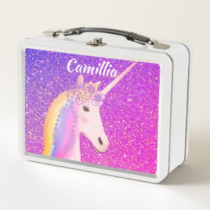 Pink Purple Glitter Unicorn Fantasy Girls Custom Metal Lunch Box