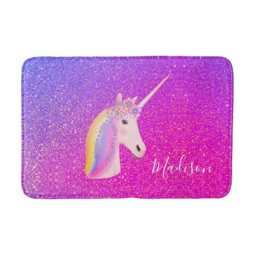 Pink Purple Glitter Unicorn Personalized Kids Bath Mat