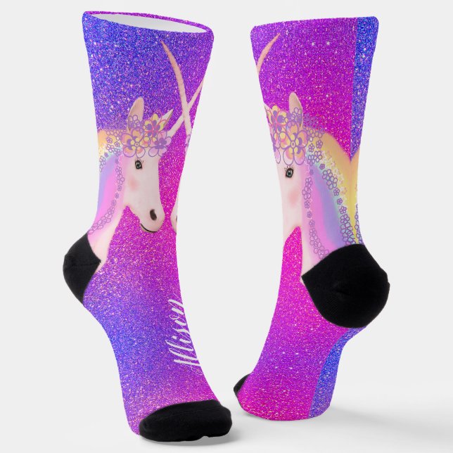 Pink Purple Glitter Unicorn Personalized Socks (Angled)