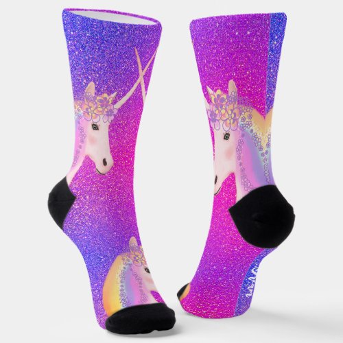 Pink Purple Glitter Unicorn Rainbow Socks